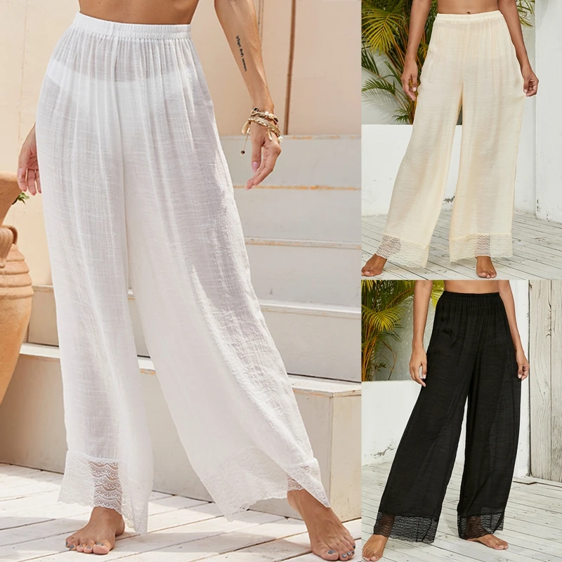 Women Lace Beach Pants, Sunscreen See Through Lace Slimming Casual Party Spring Loose Wide-Leg Trousers