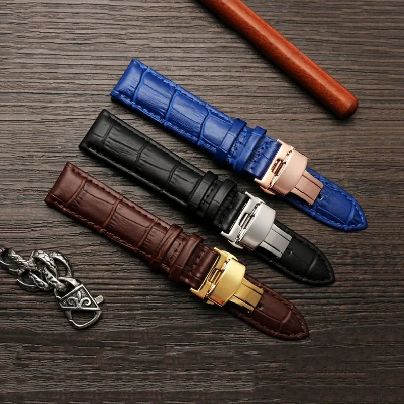 Leather Watchband Black Blue Cowhide Strap Butterfly Buckle Fits All Brands of Watches Men Women 12/14/15/16/18/19/20/22/23mm