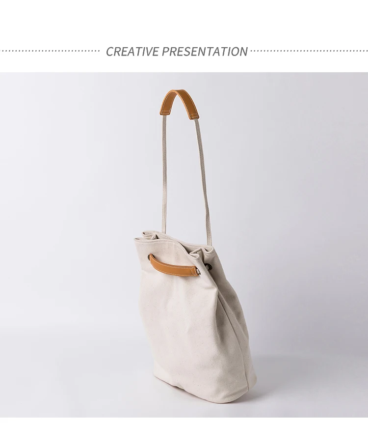 White canvas bag female shoulder art small fresh bucket shoulder bag simple cloth bag 2024 new