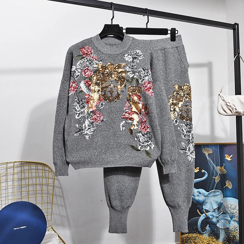 White Black Knitted Tracksuits Women Outfits Autumn Fashion Sequins Flowers Pullover Sweater Pencil Pants Two Piece Set Female