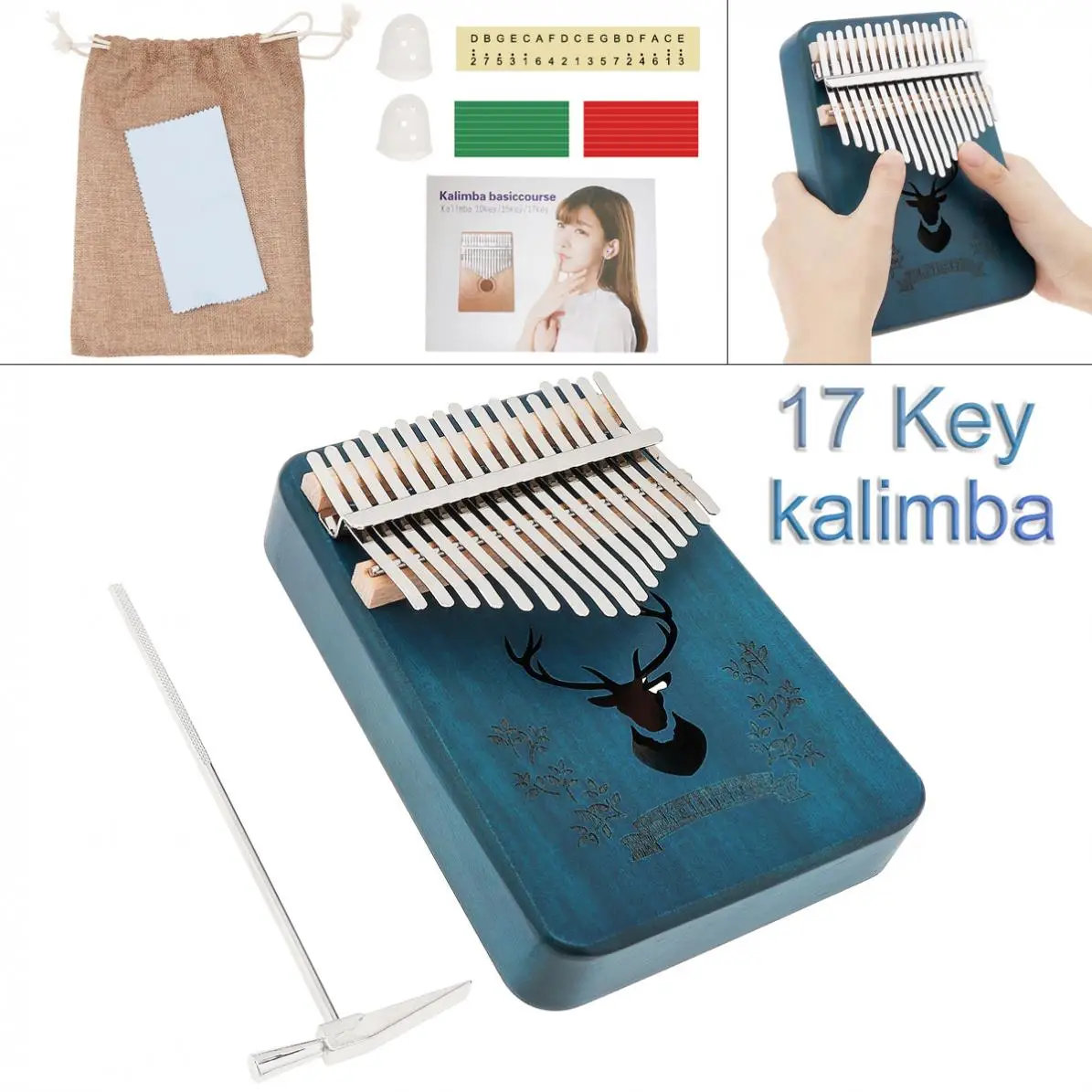 

17 Keys Kalimba Elk Sound Hole Finger Thumb Piano Mahogany with Tuning Hammer Storage Bag