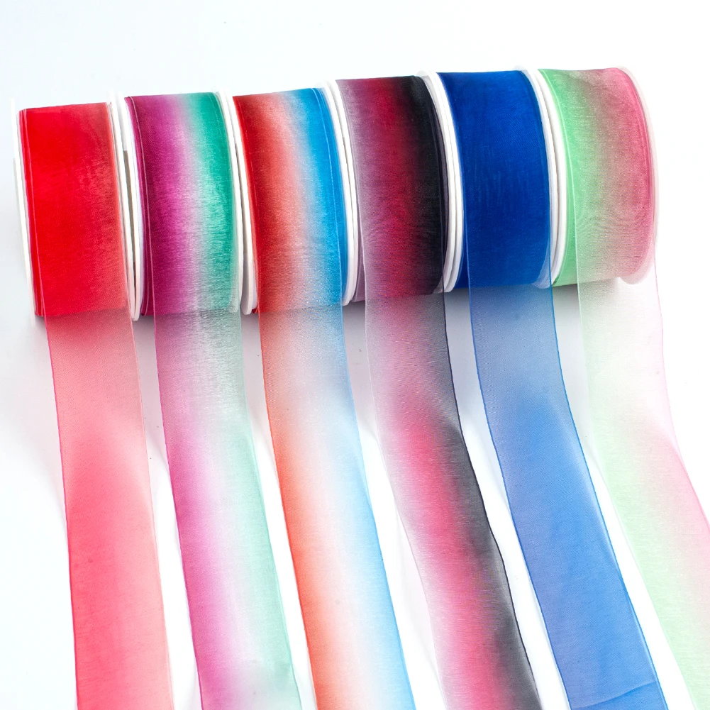 38mm 50yards/lot Gradient color Organza Sheer Ribbons for Wedding Home Decor DIY Gift Wrapping Handmade Accessories