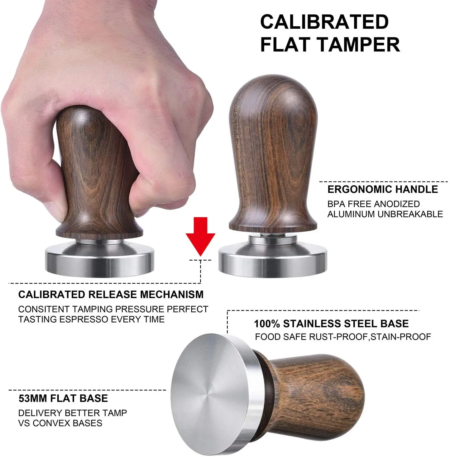 51/53/58mm Calibrated Espresso Tamper, Calibrated Coffee Tamper with Spring Loaded Wooden Handle Stainless Steel Flat Base