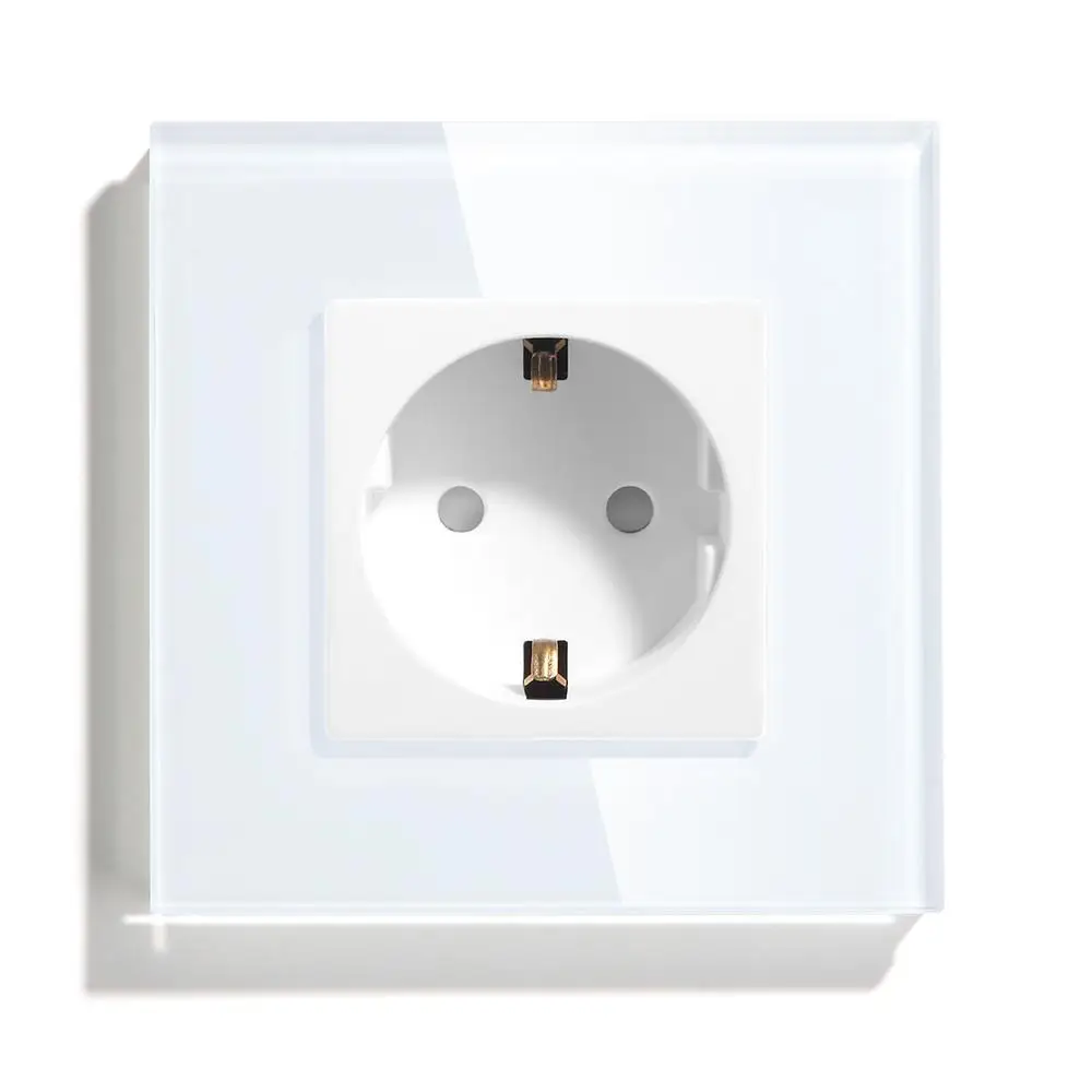 BSEED EU-Standard-Einzelwandsteckdose, doppelte Netzstecker mit weißer schwarzer Kristallglasscheibe, Dreifachsteckdosen, 16 A, 110 V-250 V
