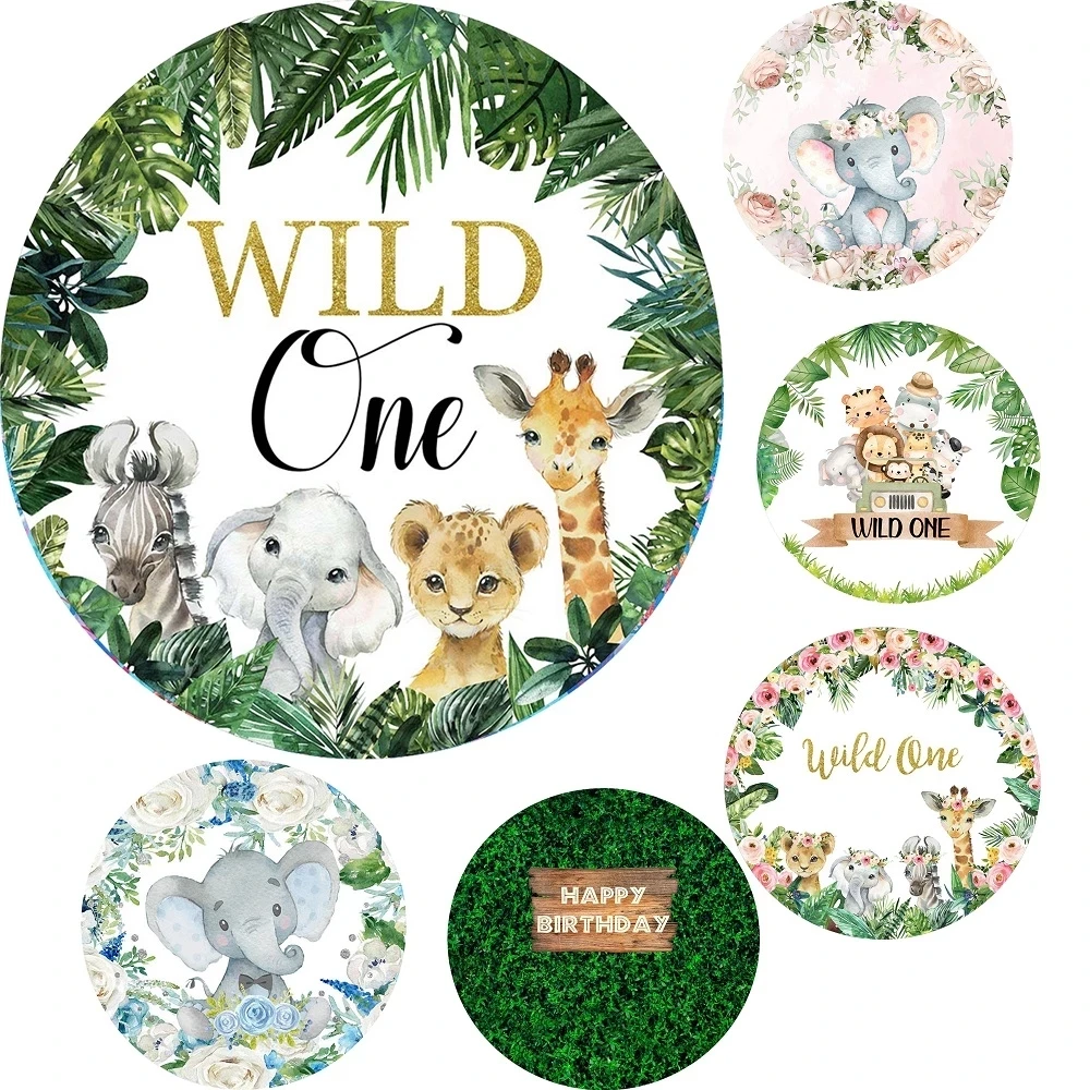 

12 Options Green Safari Jungle Theme Round Backdrop Cover Cartoon Animals Kids Newborn Wild One 1st Birthday Background Elastic