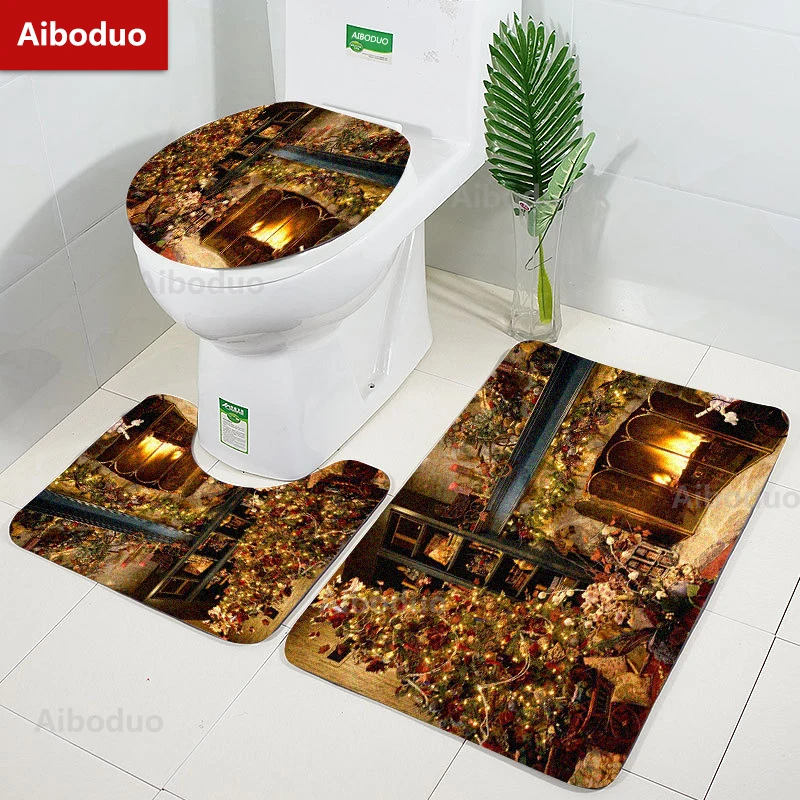 Aiboduo 40*60cm Christmas Tree 3pcs/set Toilet Lid Cover Set NonSlip Absorbent Carpet BathMat Warm Home Decoration Restroom Rug