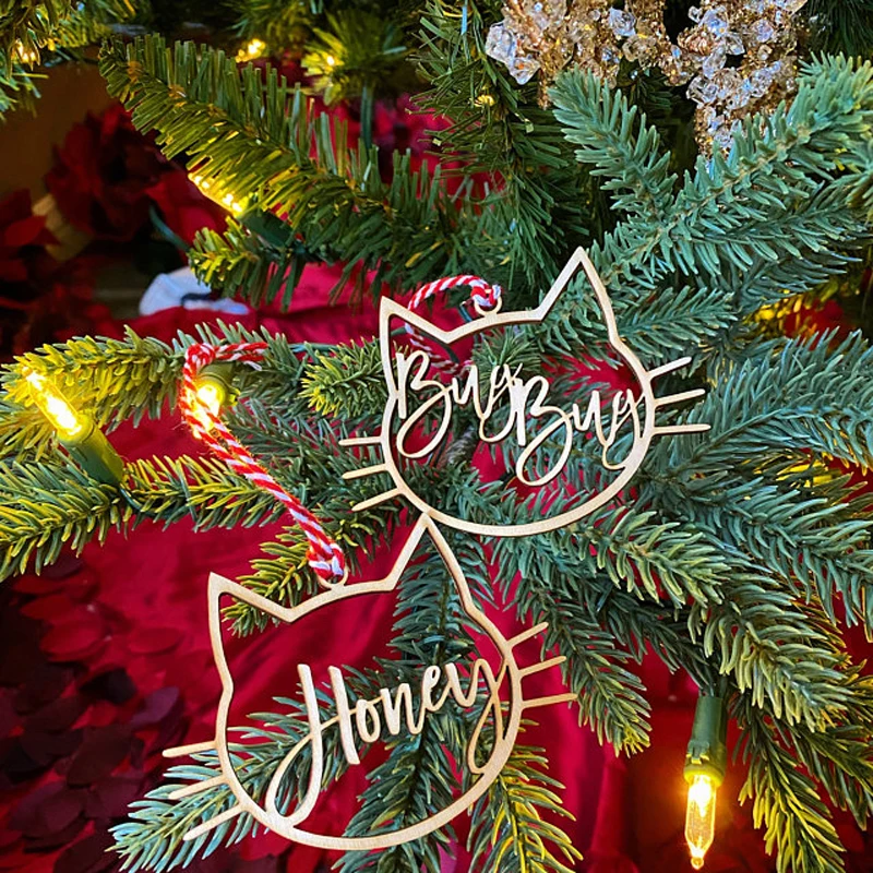 Personalized Christmas Bauble Gift Tags, Custom Christmas Cat Ornament, Wooden Ornament Ball with name