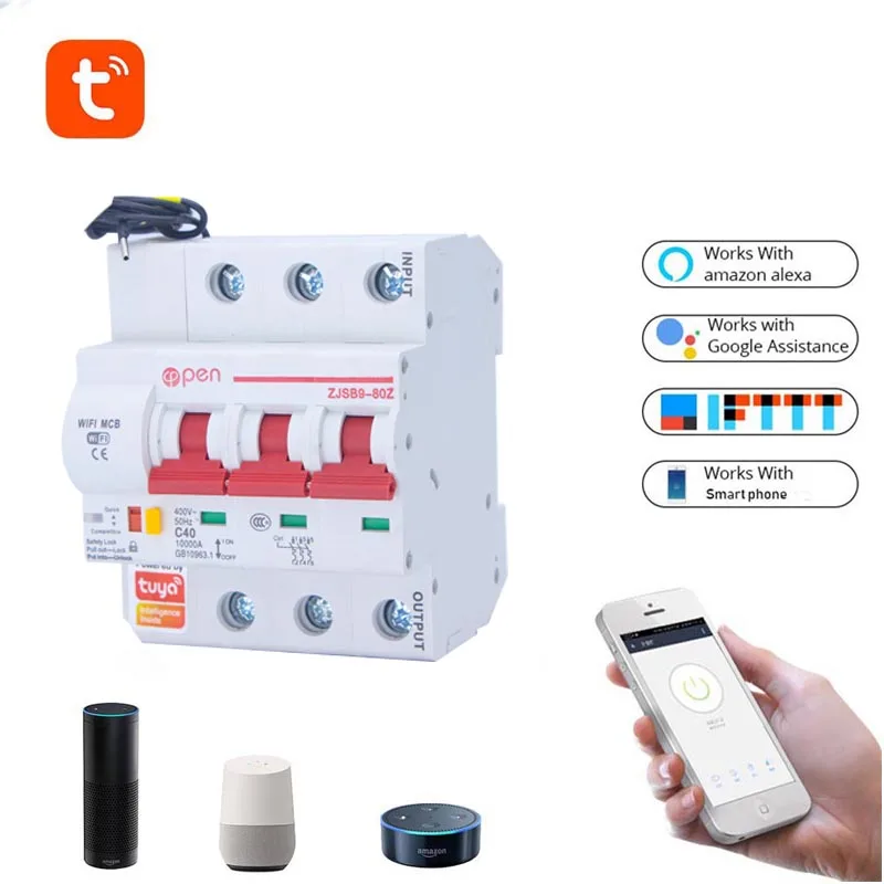 OPEN  Tuya(smart home) 3P WiFi Circuit Breaker Remote control overload short circuit protection Amazon Alexa Google home for Sma