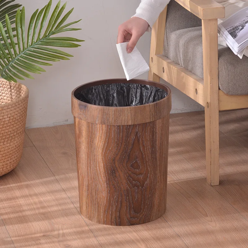 

Retro Creative Wood Grain Trash Can Home Living Room Kitchen Garbage Bin Office Toilet Paper Basket Bathroom Bathroom Supplies