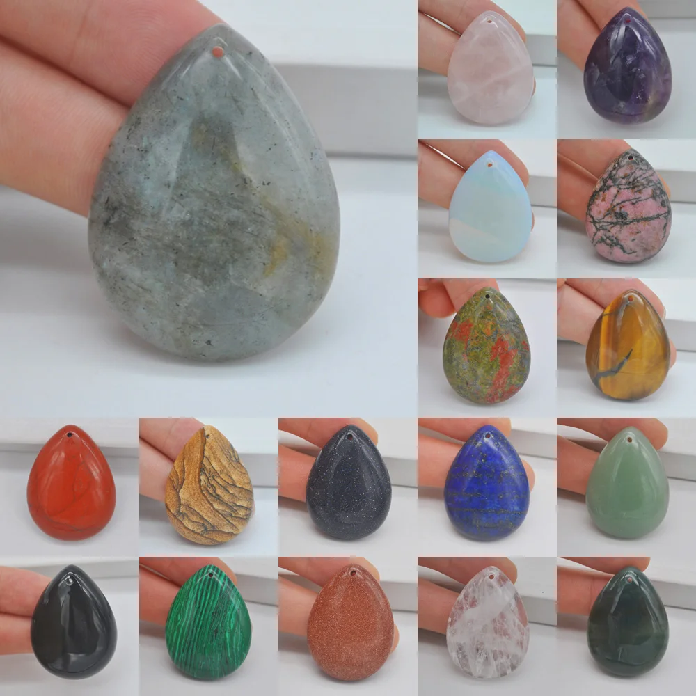 Natural 40x30MM Amethyst Rose Quartz Tigereye Agate Lapis Rhodonite Stone Beads Teardrop CAB Cabochon Hole Jewelry GEM Pendant