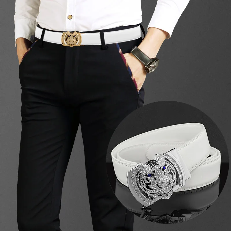 Casual Belt Men Fancy Black tiger Cowskin Fashion Waistband Automatic Buckle Waist Strap Genuine Leather Ceinture Homme lion