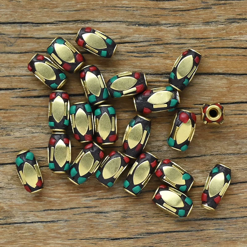 TZ-N01 Handmade Nepal Buddhist Tibetan Brass Craft Bead for Necklace Jewelry Making Accessories Clay Inlaid Colorful Cylindrical