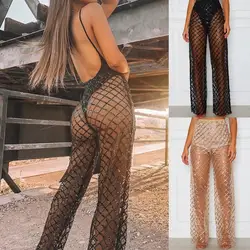 BKLD Womens Trousers Casual Pants 2026 Summer Beach Party Cover Up Pants Sexy Wide Leg Pants Plaid Squined Mesh Sheer Pants