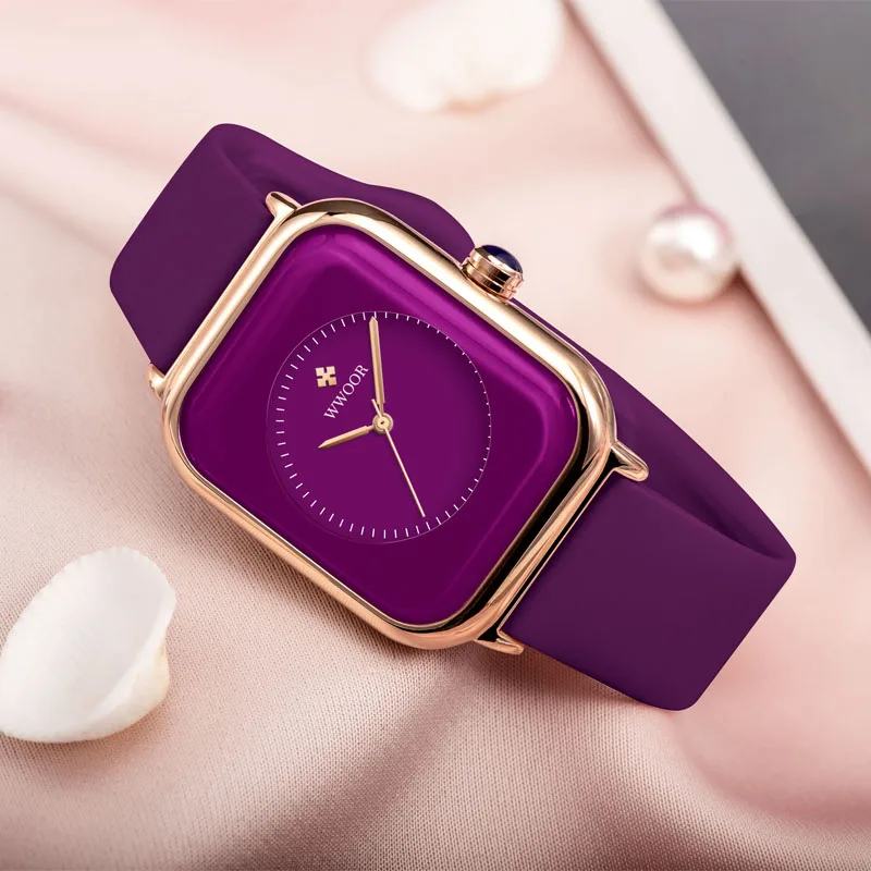 WWOOR Luxury Brand Watches For Women Fashion Square Purple Ladies Quartz Wristwatch Waterproof Silicone Band Relogio Feminino