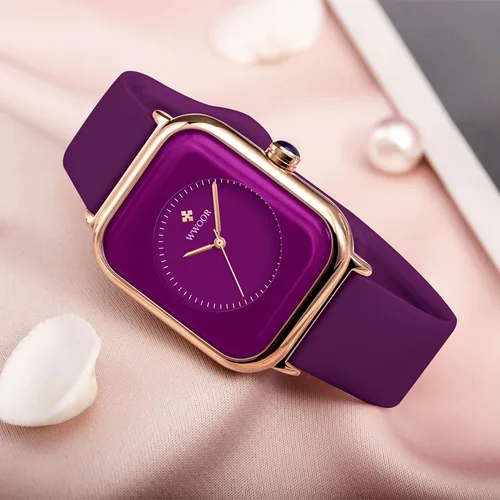 Imagen 2 del producto Relojes WWOOR de marca de lujo para mujer, reloj de pulsera de cuarzo morado cuadrado a la moda para mujer, reloj femenino con banda de silicona resistente al agua
