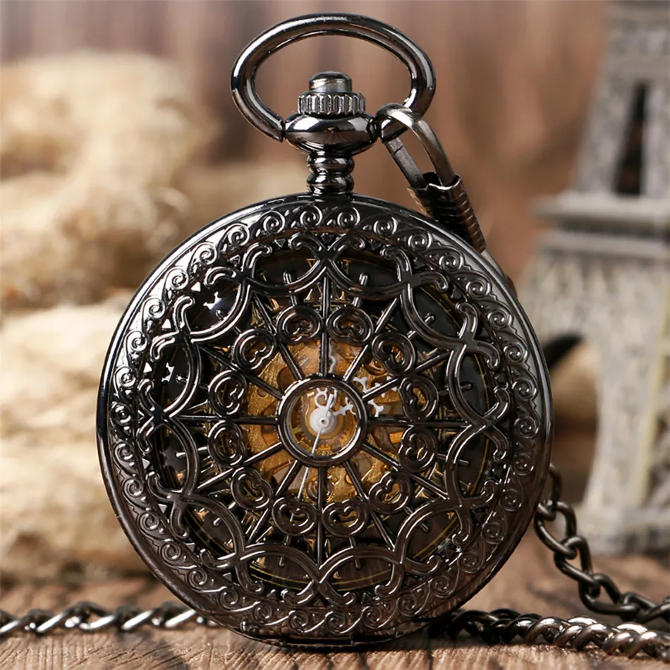 Hollow Spider Web Double Hunter Mechanical Hand Winding Pocket Watch Gold Skeleton Roman Numerals Display Manual Pendant Watch