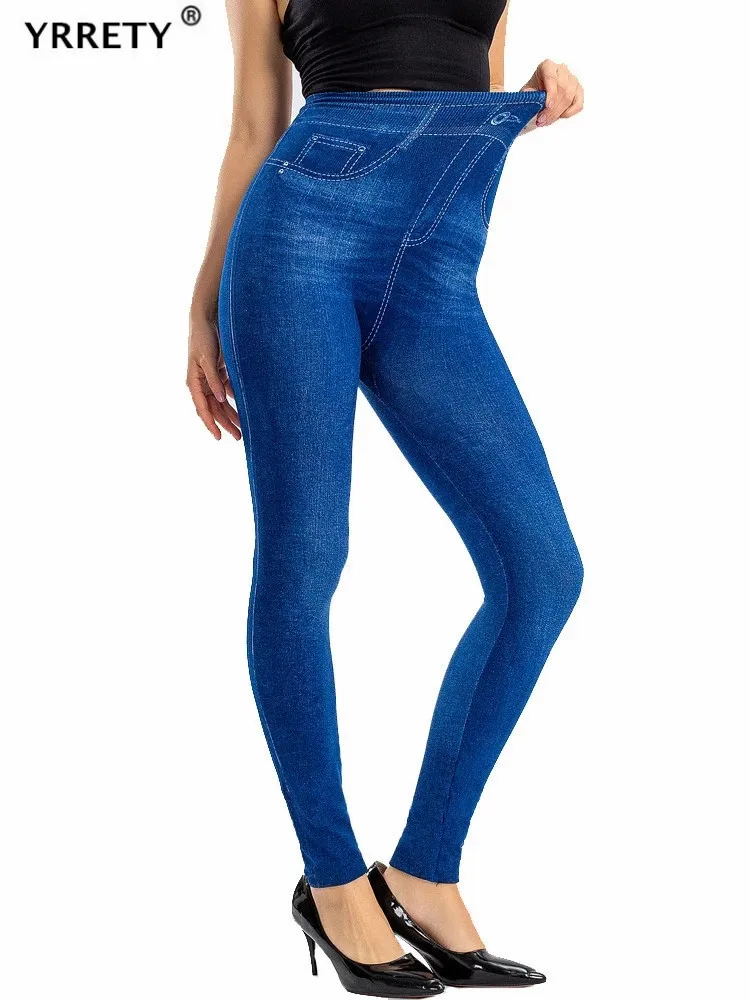 YRRETY-Leggings de sport en faux jean sans couture pour femme, pantalon imprimé commandé, taille haute, collants push-up pour la course et la gym,