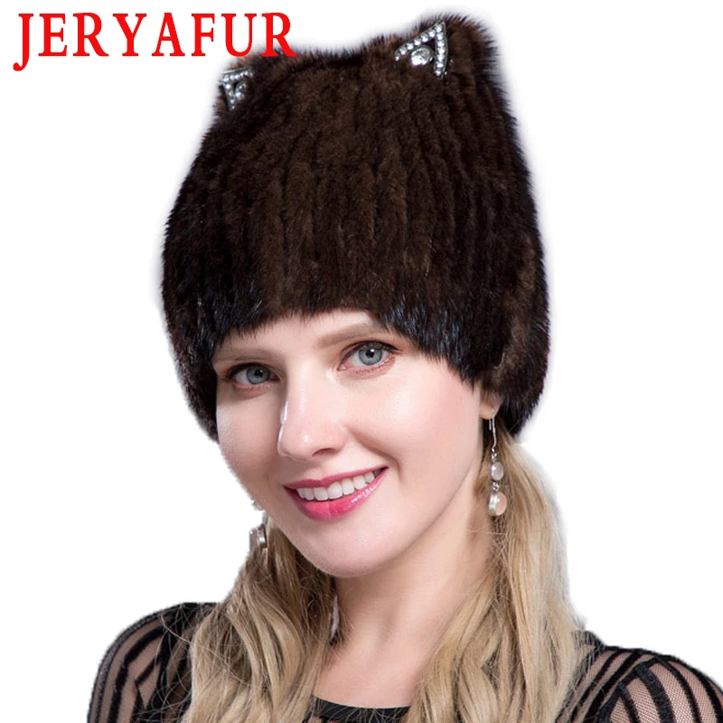 JERYAFUR   Fashion Mink Fox Fur Hat Winter Women Cat Ears Style Cute Mink Fur Cap Ski Cap Fur Cap