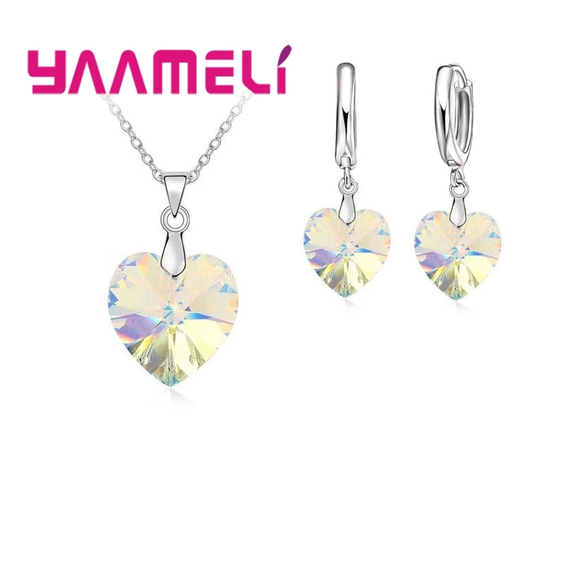 Love Heart Shape Women 925 Sterling Silver Color Bridal Jewelry Set For Wedding Fashion Crystal Pendants Necklaces Earring Set