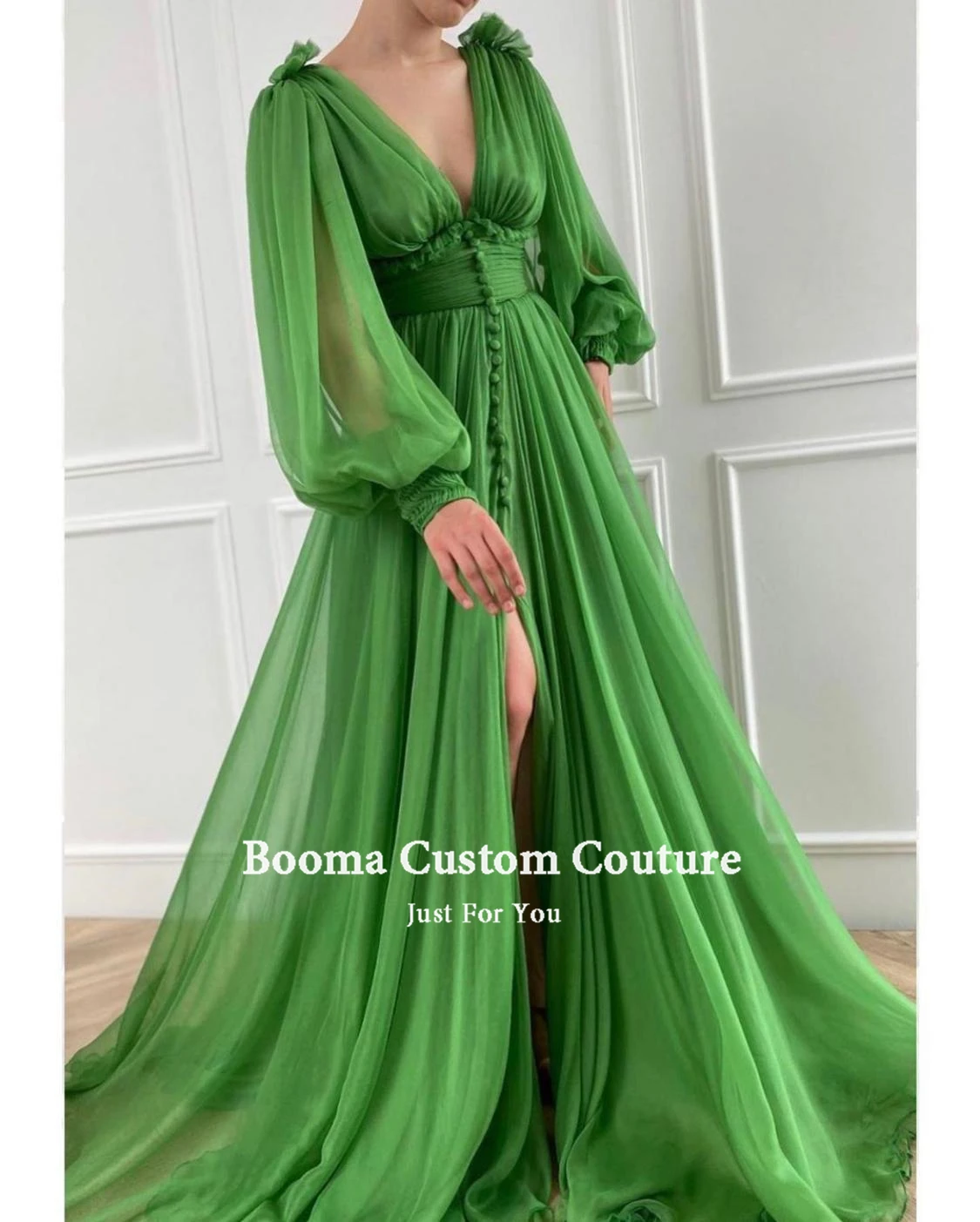 Booma Green V-Neck Prom Dresses Long Puff Sleeves Pleated Slit Skirt Prom Gowns Ruched Waist Buttoned Wedding Party Dresses