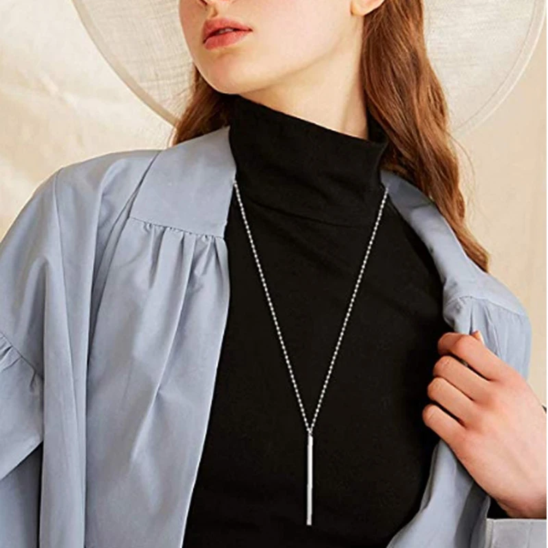 Women Long pendant necklace sweater Necklace bar pendant gold silver color plated Metal Chain