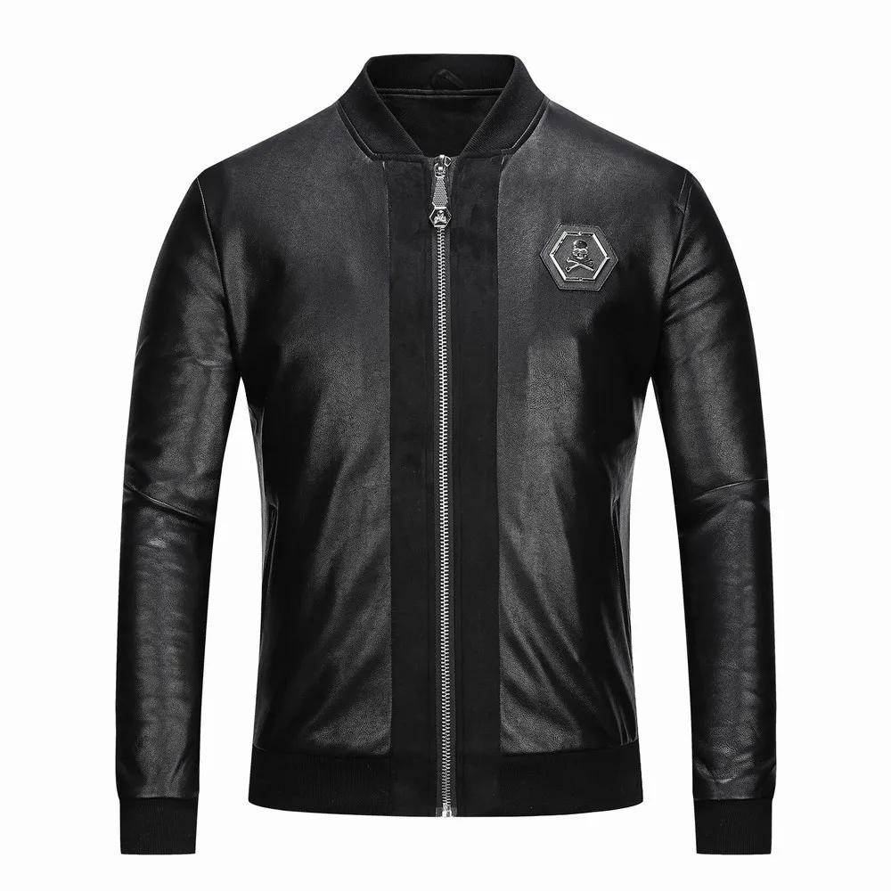 2024 Skull Rhinestones PU Jackets Men Black High Street Stand-Neck Zipper Rib Sleeve Streetwear Motorcycle Faux Leather Coats