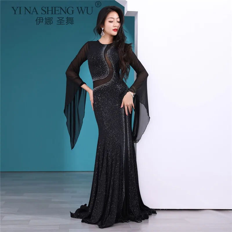 New Belly Dance Dress Round Neck Slim Long Skirt Flared Sleeves Competition Clothes Female Elegant Performance Practice Clothing