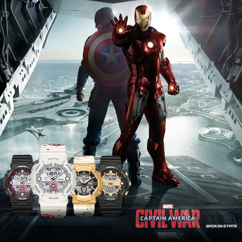 Marvel-Reloj de pulsera deportivo de doble pantalla para niños, cronómetro impermeable de 100M, con pantalla de los vengadores, Capitán América, Spider Man