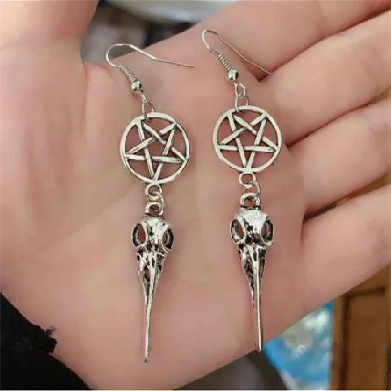 Gothic Bird Dead Crow Moon Earrings Pentagram Crow Skull Halloween Punk Creative Women Fashion Delicacy Witch Jewelry Charm Gift