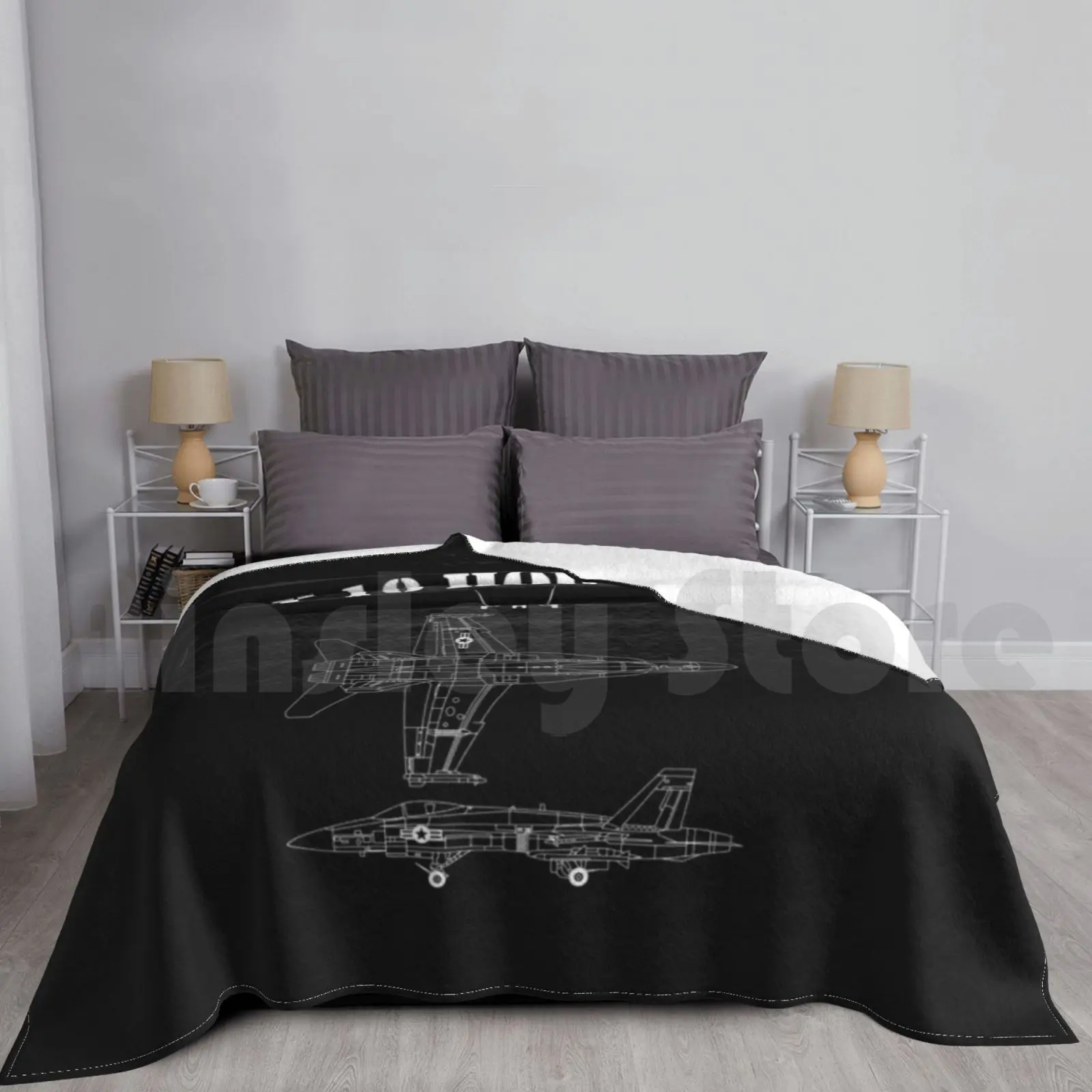 F18 Hornet Airplane Schematic In White F-18 Military Jet Gear Blanket For Sofa Bed Travel Military Memorabilia