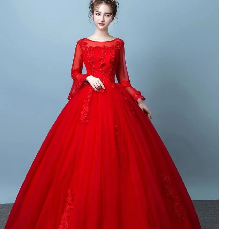 N11136-vestidos de novia largos de encaje para mujer, vestido de fiesta largo hasta el suelo, con manga acampanada, dulce recuerdo, color rojo, vestidos de FIESTA DE PROMOCIÓN para muchachas