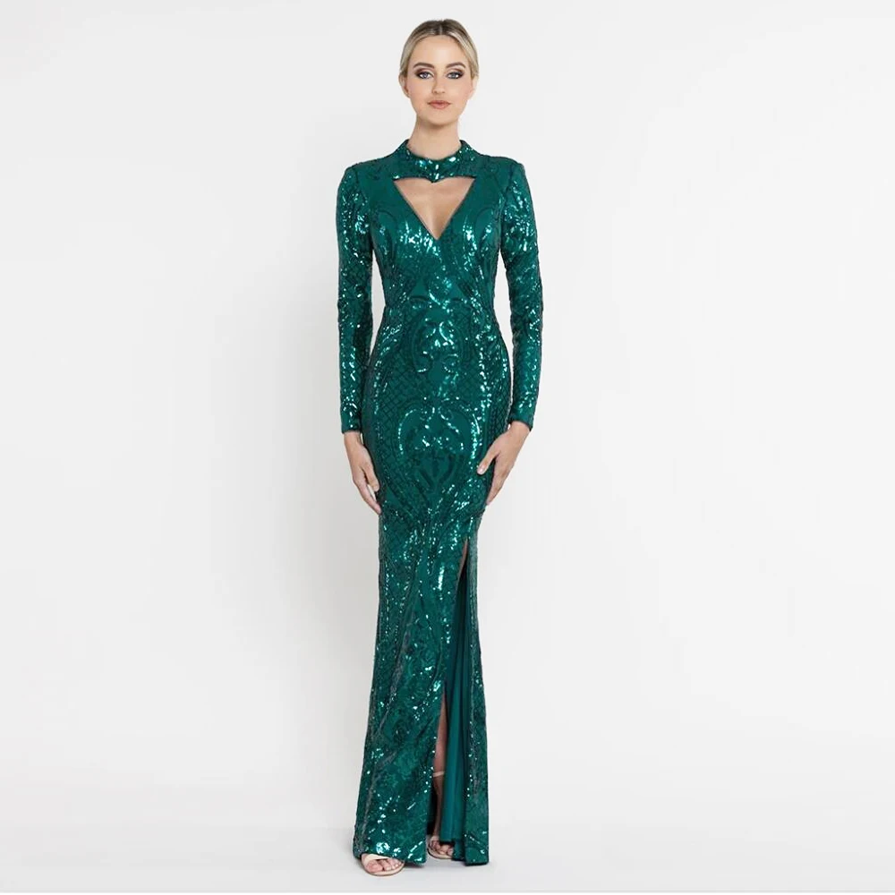 

Sweetheart Halter Green Sequined Maxi Dress Hollow Out Full Sleeved Split Side Stretch Night Party Long Dress