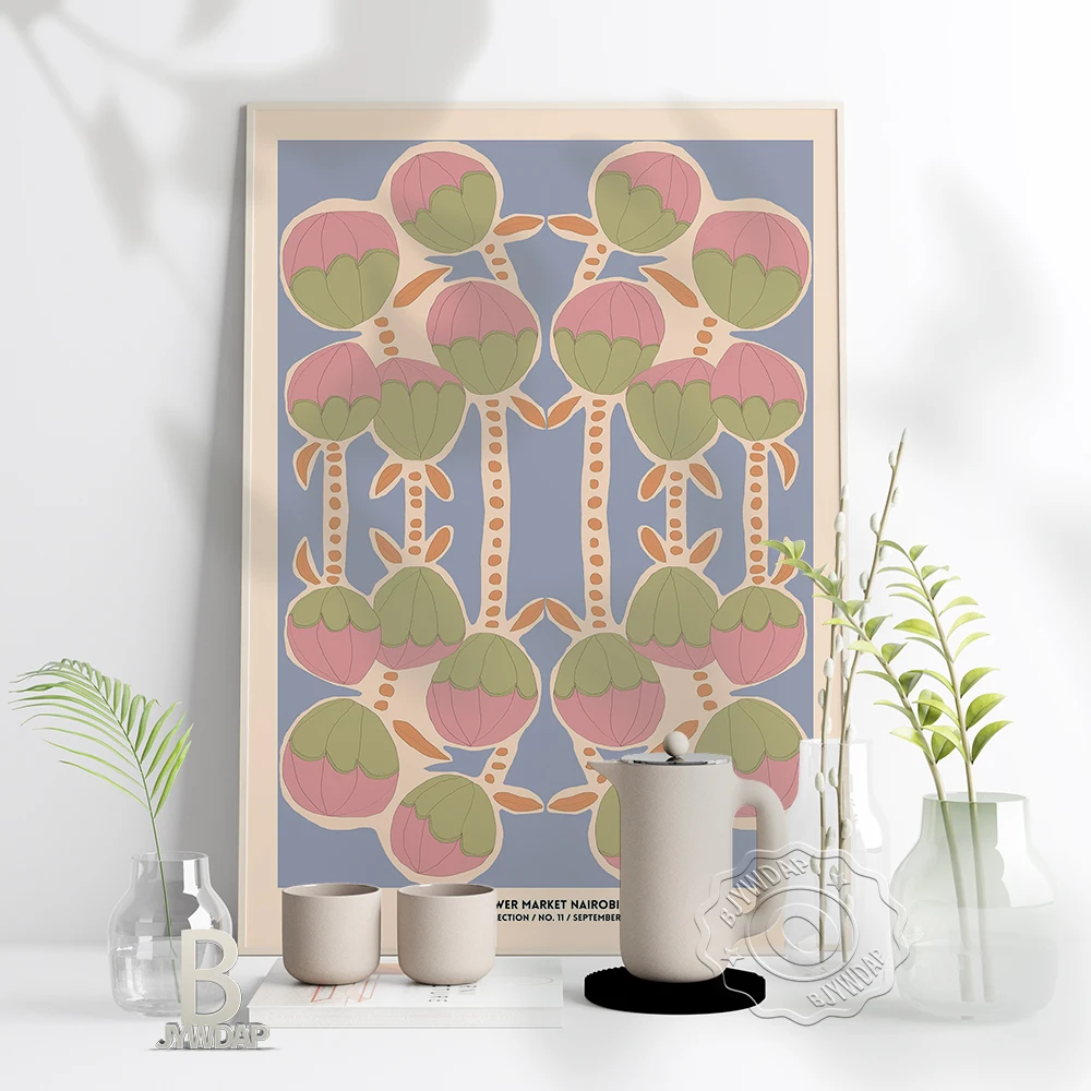 Flower Market Nairobi Exhibition Retro Poster Pink Flowers Watercolour Print Poster Flowers Bud Plants Wall Art Home Decor
