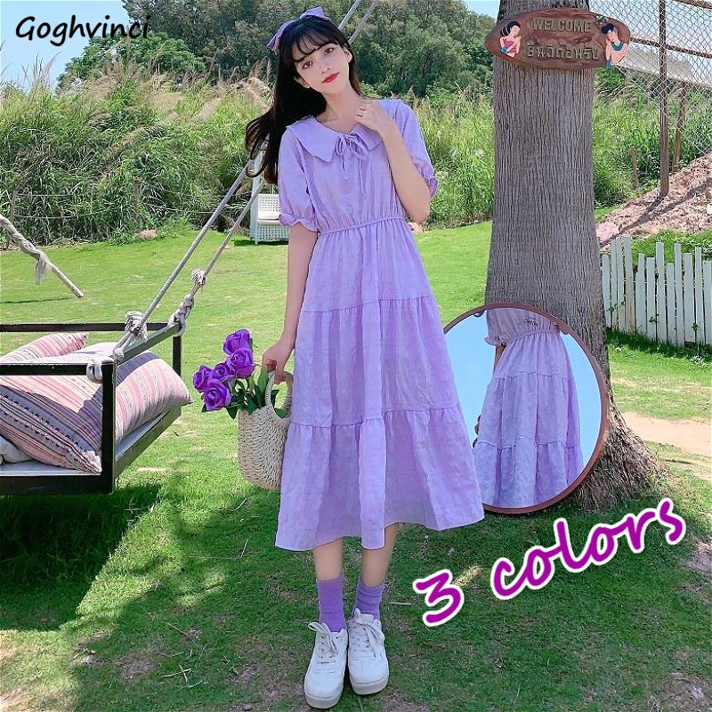 Short Puff Sleeve Dress Women Peter Pan Collar Calf-length Elegant Solid Pleated Korean Sweet Girls Female Stylish Purple Chic