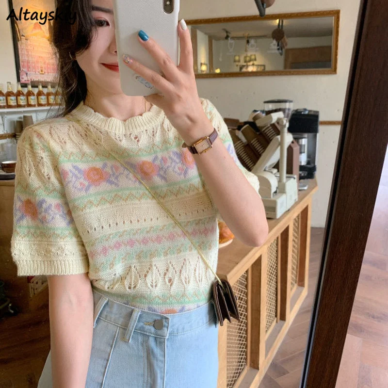 

Women Short Sleeve Pullovers Knitting Hollow Out Printed Sweet Girls Soft Slender Korean Style Hipster Teenagers Lovely Popular