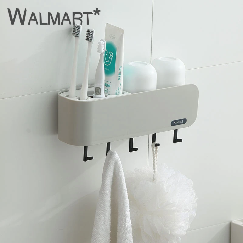 

Toothbrush Storage Holder Comes with Two Cups Wall-Mounted Organizer Racks with Hook Storage Box Shelf Home Bathroom Accessories