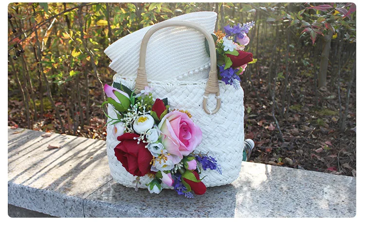 Women Summer Beach Rattan Handbag Colorful Artificial Flower Weave Straw Tote Handbag and Hat Suit Bohemia Style Holiday Casual