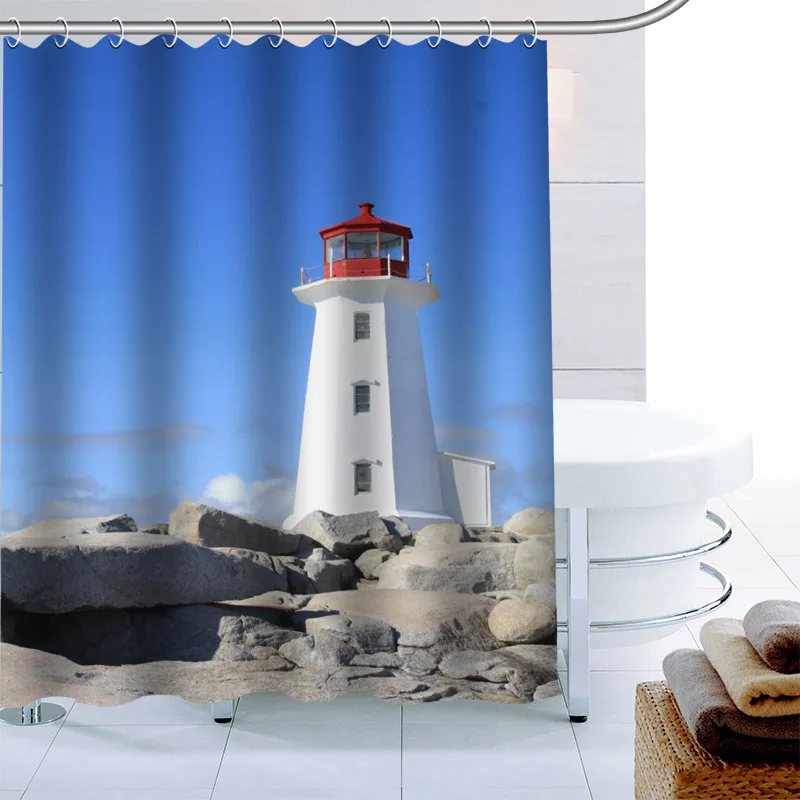 ShunQian Custom Lighthouse Shower Curtain Polyester Fabric Bath Screens Curtains For Bathroom 3D Waterproof Bath Curtain Hook