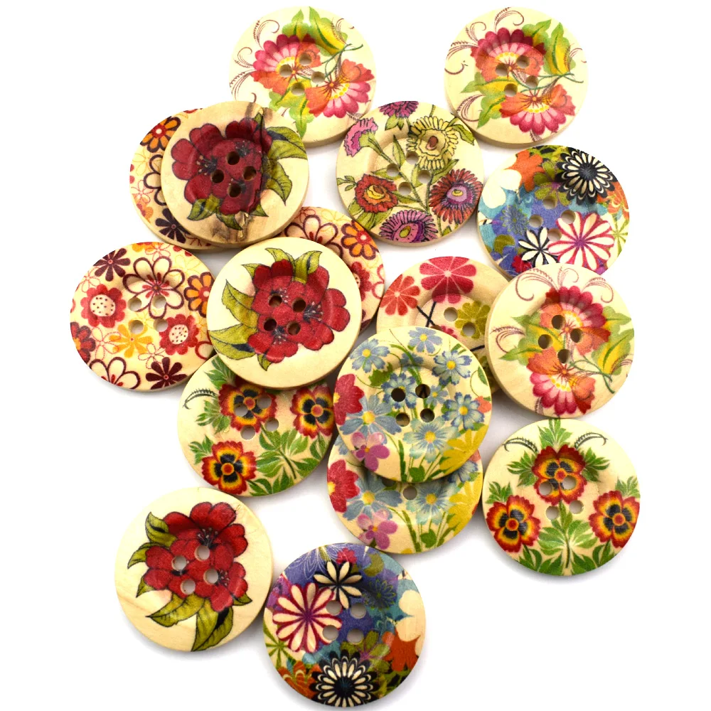 50PCS 30MM Flower Pattern Painting Wooden Buttons Sewing Clothes Boots Coat Accessories Flat Back Embellishments Wooden Button