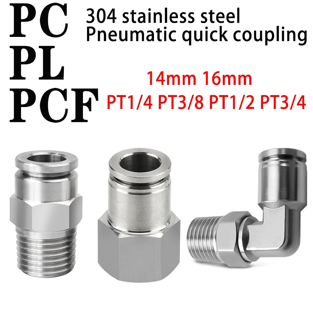304 roestvrij staal pneumatische snelkoppeling PT1/8 1/4 3/8 1/2 buitendraad PC PCF PL14-04 16-02 16-03 16-04 16-06 14mm 16mm