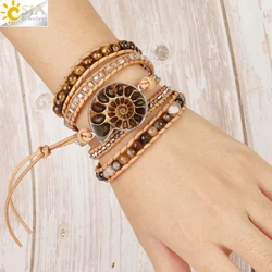 CSJA Boho Leather Wrap Ammonite Bracelet Natural Stone Bracelets for Women Tiger Eye Bead Multilayer Wickelarmband S475