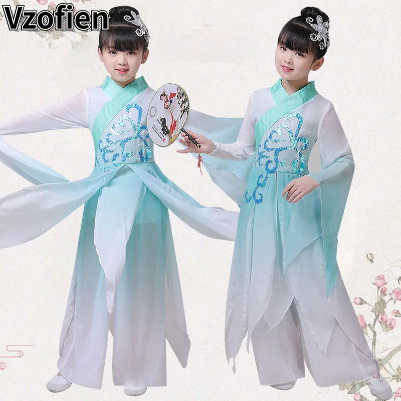 

Children's Classical Dance Performance Dress Girl Guzheng Dance Costume Children Fan Dancewear Ancient Folk Elegant Dance Suit