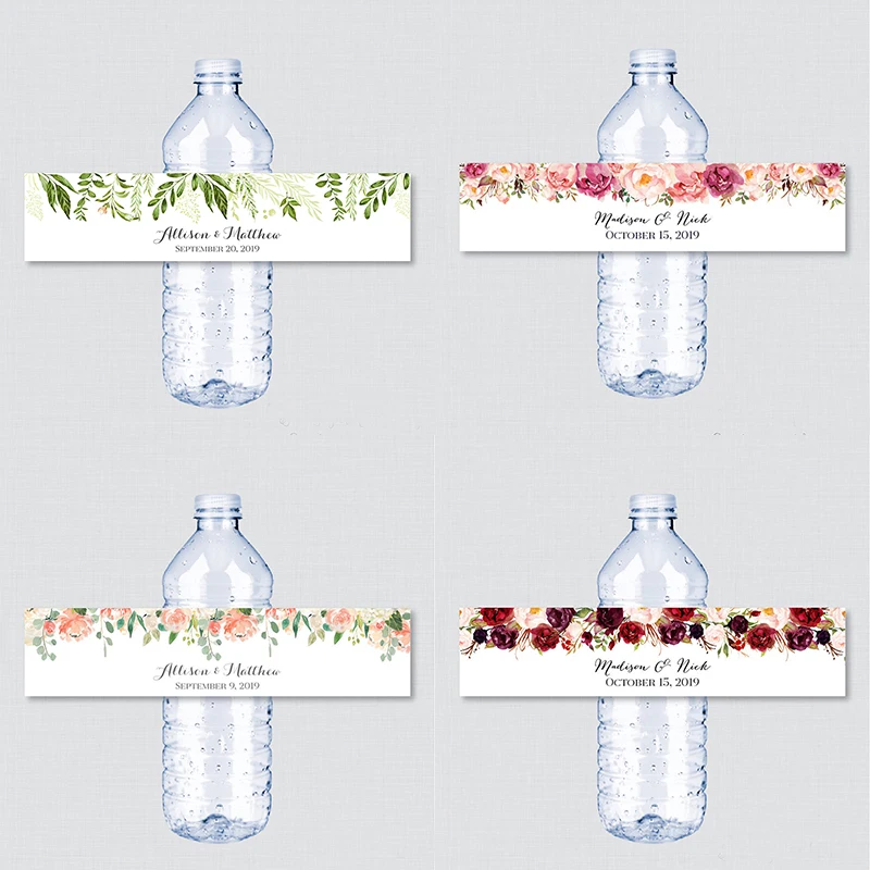 Printable Printed Wedding Water Bottle Labels - Rustic Pink Flower Custom Water Bottle Labels - Personalized Water Bottle Lab