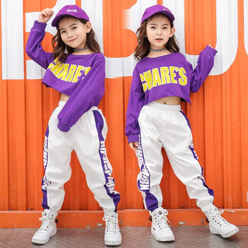 Children Hip Hop Clothing Outfits Long Sleeve Crop Top Sweatshirt Jogger Pants Girls Jazz Dance Performance Costume Street Wear