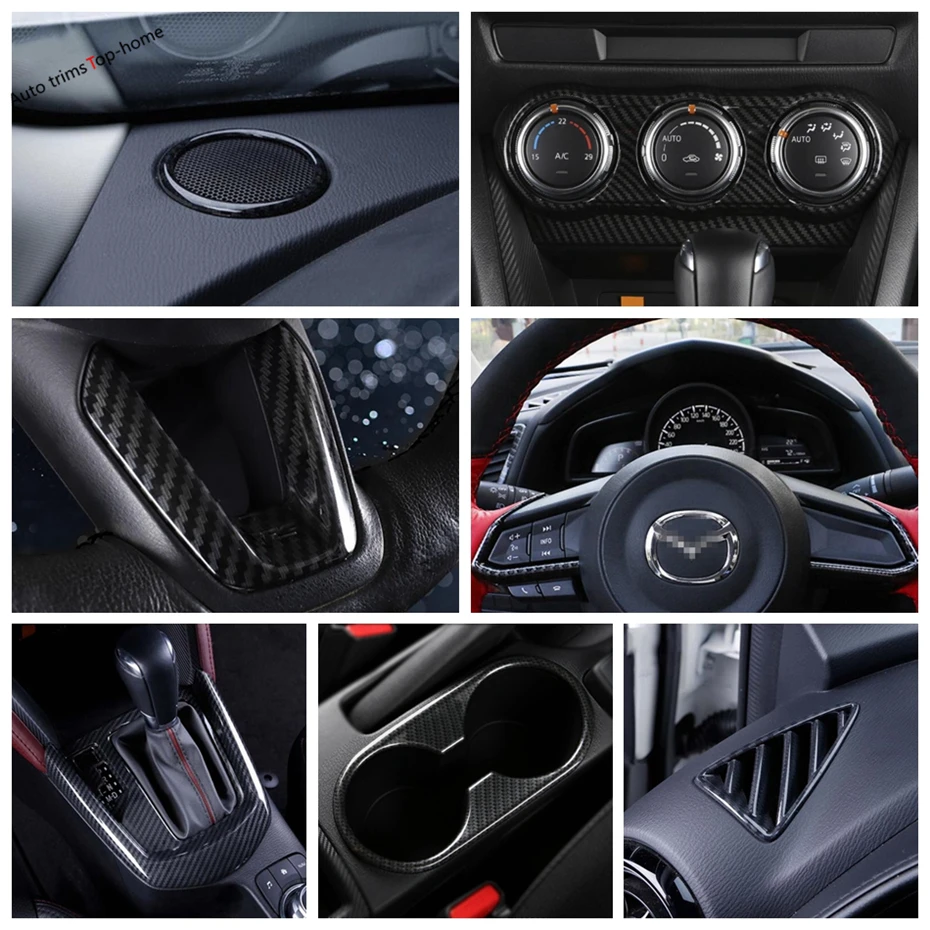 

Yimaautotrims Carbon Fiber Look Interior Refit Kit Air AC Steering Wheel / Cup Holder Cover Trim For Mazda CX-3 CX3 2016 - 2021