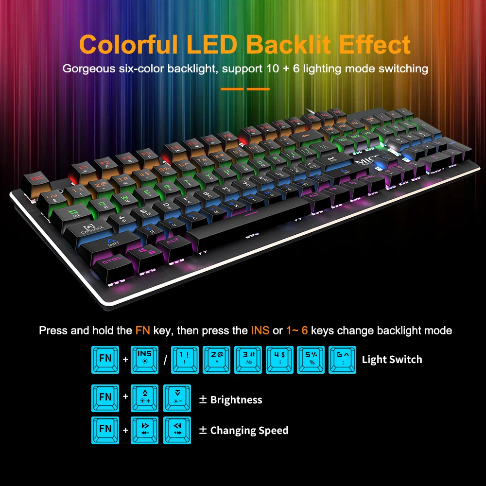 Gaming Keyboard Mechanical keyboard Gamer with backlight USB RGB 87/104 keycaps Wired Ergonomic Russian keyboard For PC Computer