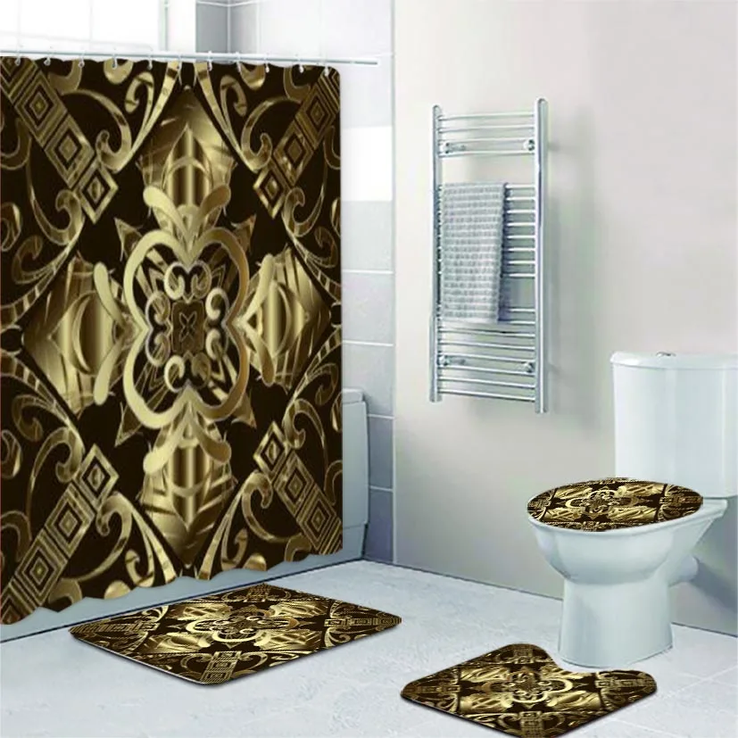 Luxury 3D Gold Greek Key Meander Ornament Shower Curtain Set for Bathroom Modern Rich Abstract Geometric Mat Toilet Accessories