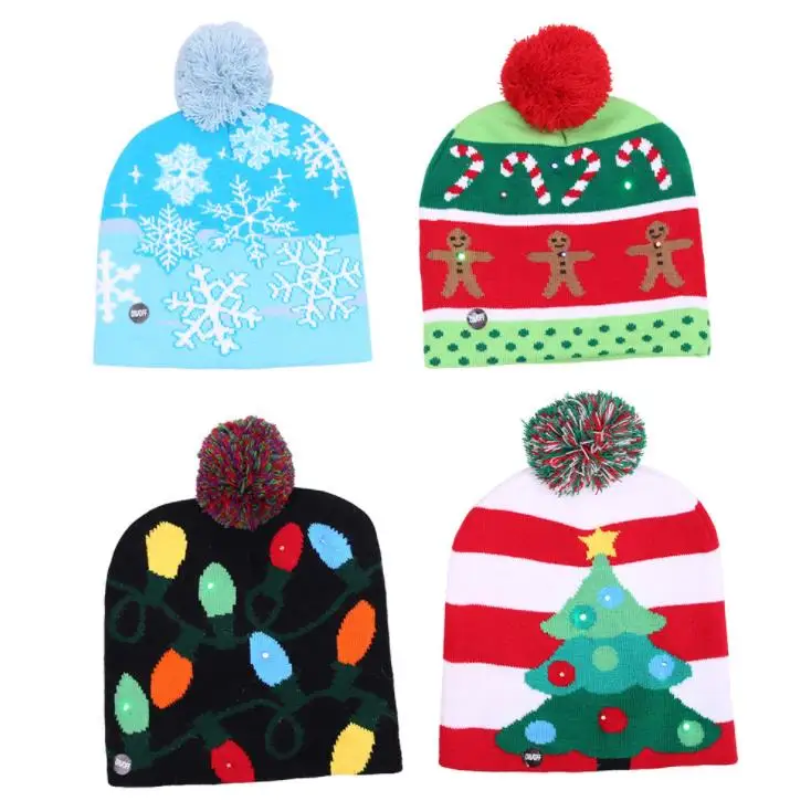 

4 Styles LED Light Knitted Christmas Hat Unisex Adults Kids New Year Xmas Luminous Flashing Knitting Crochet Hat Party Favor SN