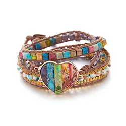 Hot Sale Multicolor Natural Stone Leather Bracelets For Men Women Beaded Adjustable Bracelet Vintage Spiritual Chakra Jewelry