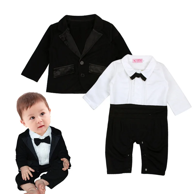 2pcs/Set Baby Dress Long Sleeve Lapel Shirt Romper Gentleman Bow Tie Rompers+Small Suit Jacket Wedding Flower Girl Costume